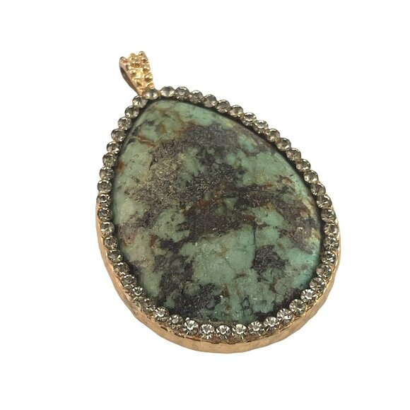 African Turquoise Tear Drop Natural Stone Pendant with Rhinestone Accents 2 inch - Picture 1 of 6